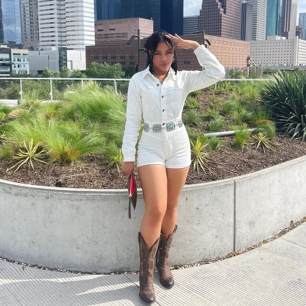 White Denim Long sleeved Romper